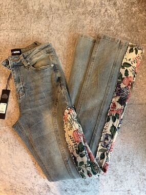 Fashion Nova Light Blue Denim Flare Jeans with Floral Tapestry Side Trim